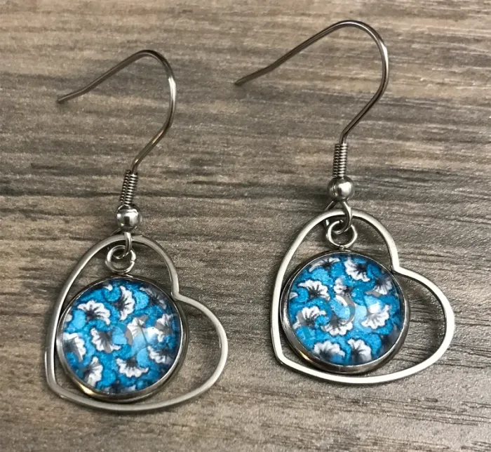 Boucles d'oreilles Pendantes Cœur Argenté avec Cabochon en Verre de 12 mm, en Acier Inoxydable - photo numéro 5