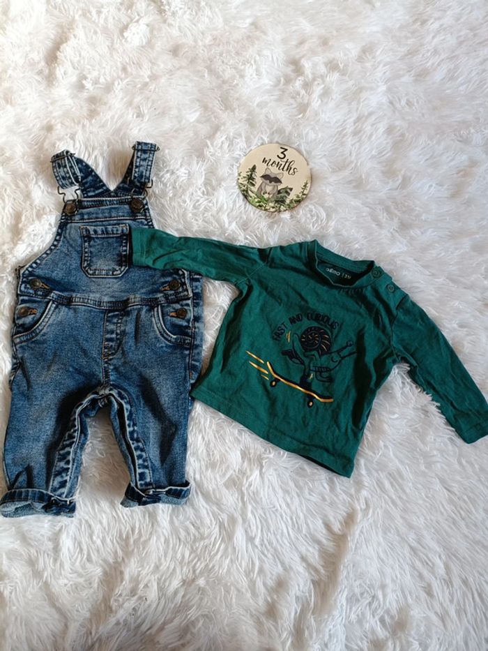 Salopette en jeans + T-shirt à manches longues 3 mois - photo numéro 3