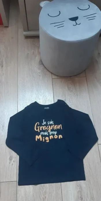 Tee-shirt ML kiabi bleu marine "je suis grognon mais trop mignon" 36m en parfait état