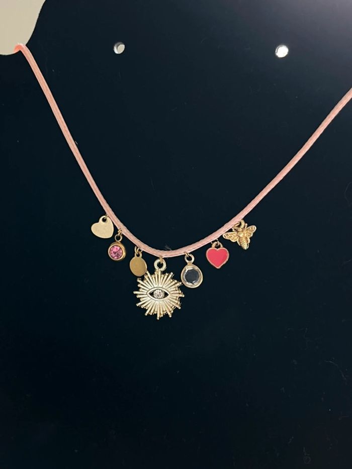 Collier cordon rose et pendentifs breloques doré et rose - photo numéro 2