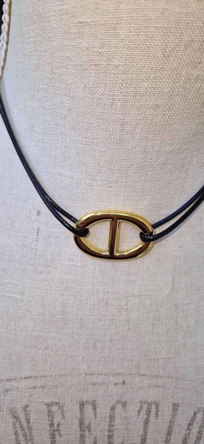 Collier cordon épais cuir maillon farandole acier inoxydable or neuf - photo numéro 4