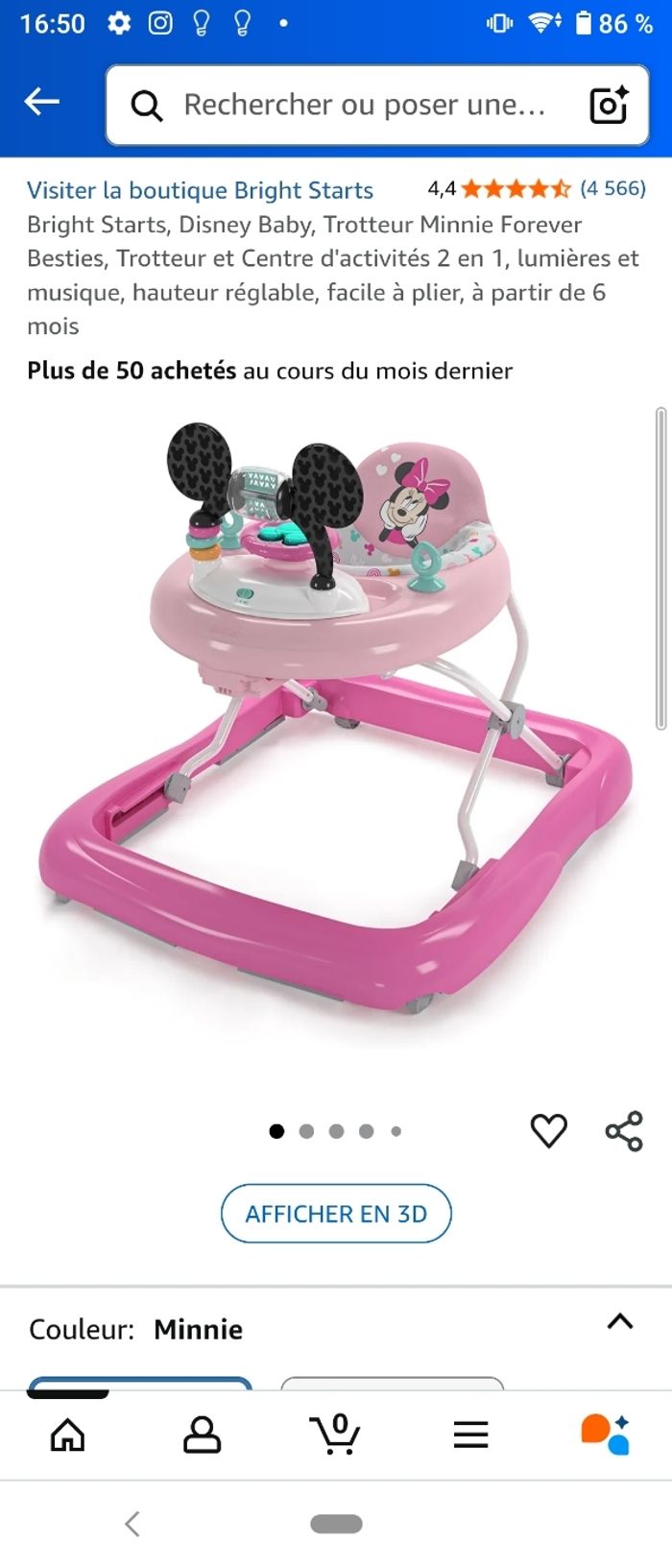 Chariot de marche acheté chez Amazon a 60€ je la vends a 30€ ma fille elle a pas aimer danc utiliser quelque fois ils est neuf