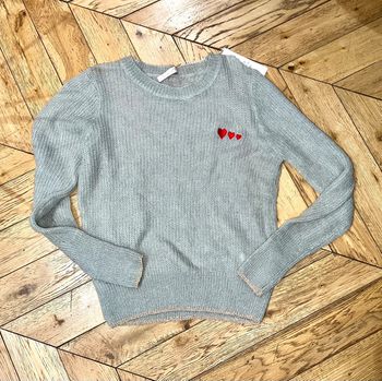 Pull fin laine neuf étiqueté 3 motifs cœurs rouge gris paillette femme T.U 36 38 40