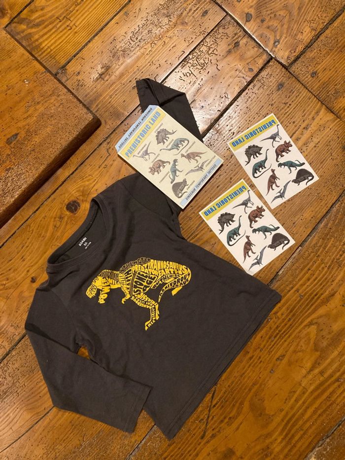 Lot dinosaures : Haut léger manches longues + 2 planches de tatouages