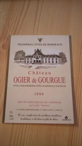 étiquette de vin château ogier de gourgues première côte de bordeaux 1999 neuve