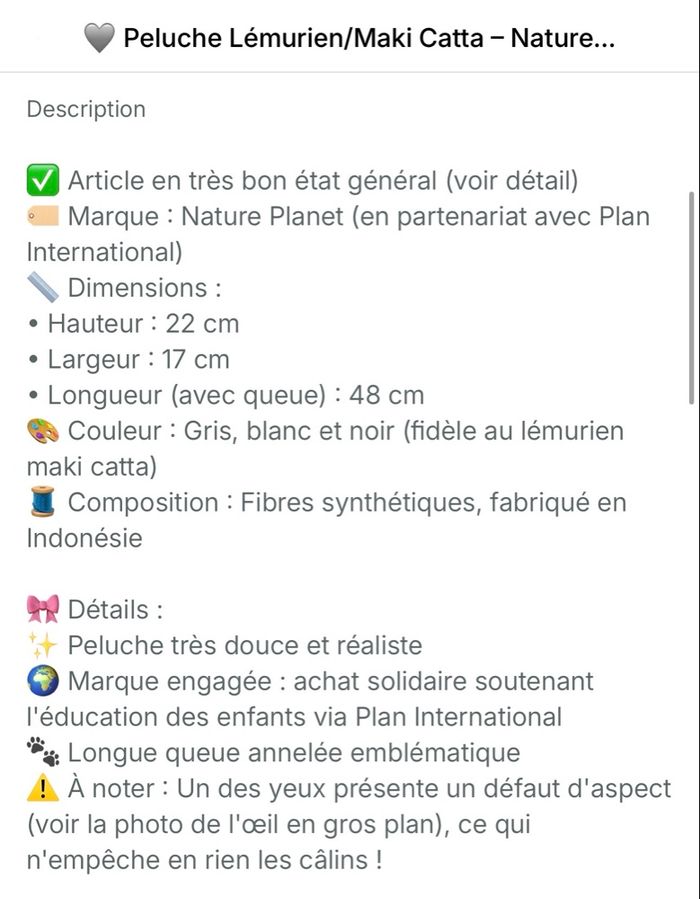 🩶 Peluche Lémurien/Maki Catta – Nature Planet - photo numéro 9