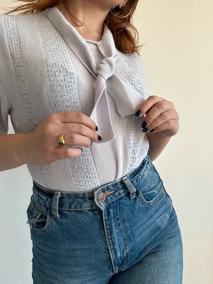 Haut vintage parme en laine à nouer manches courtes taille M - photo numéro 2