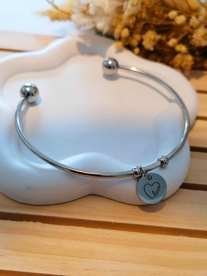 Bracelet jonc personnalisé en acier inoxydable ajustable – Gravure prénom, initiales ou message