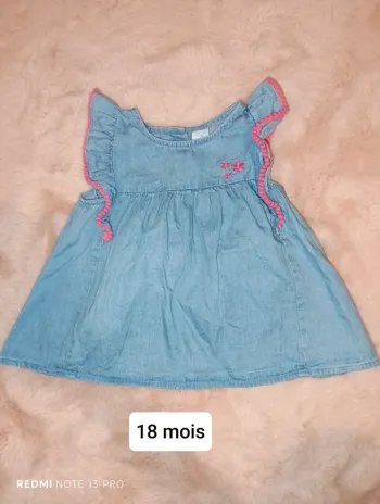 Robe jean souple froufrou rose fleurs