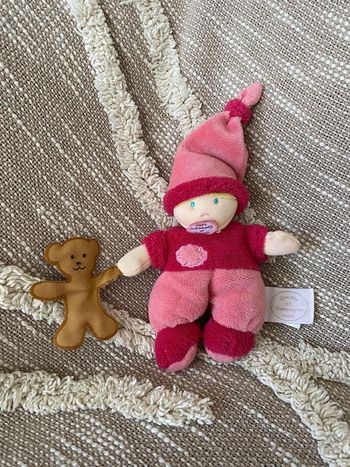 Peluche doudou et compagnie 18cm poupée rose et rouge avec nounours ours marron très bon état
