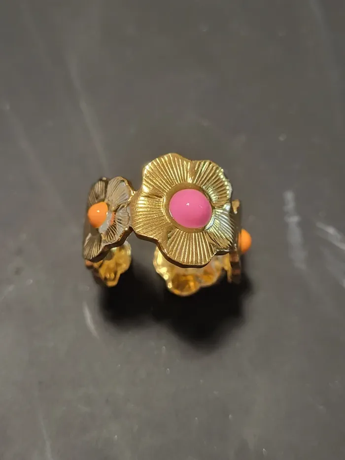 Bague acier inoxydable ajustable avec fleurs roses et oranges