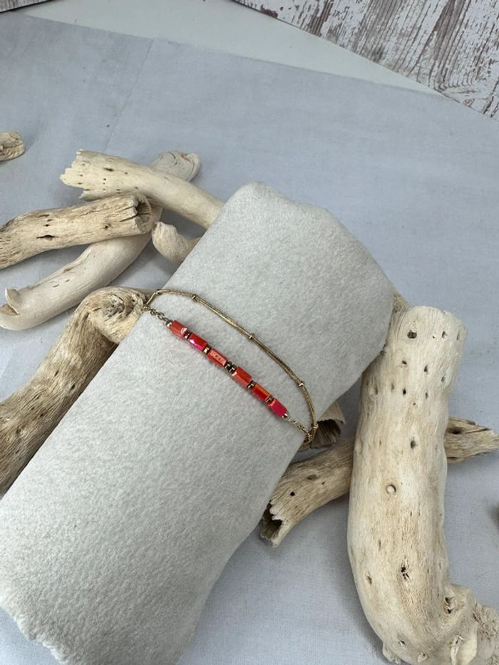 Bracelets plusieurs rangs en acier or et pierre cristal corail - photo numéro 5