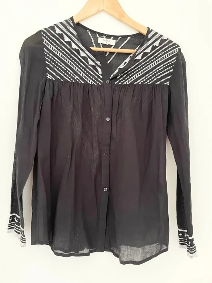 Chemisier ba&sh “Bluet” noir brodé blanc – T36 – 100% coton bohème chic