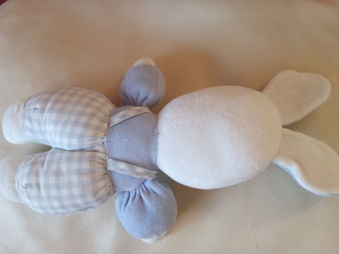 Doudou lapin blanc bleu vintage d'occasion 32cm  vichy carreaux yeux noirs durs plastique Natalys Nounours - photo numéro 4
