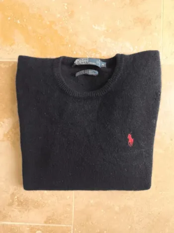 Magnifique pull col rond marine logo rouge laine d'agneau Ralph Lauren homme M slim fit
