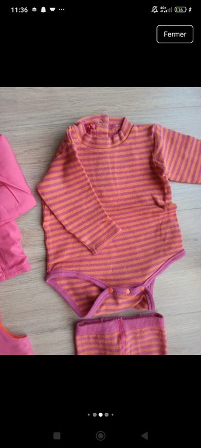 Ensemble tenue bébé 6 mois rose et orange veste/gilet rose robe rose body a rayures collant - photo numéro 5