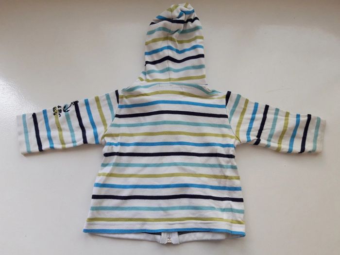 Veste à capuche Sable et Mer , rayures blanc bleu et vert. bébé 12 mois - photo numéro 3