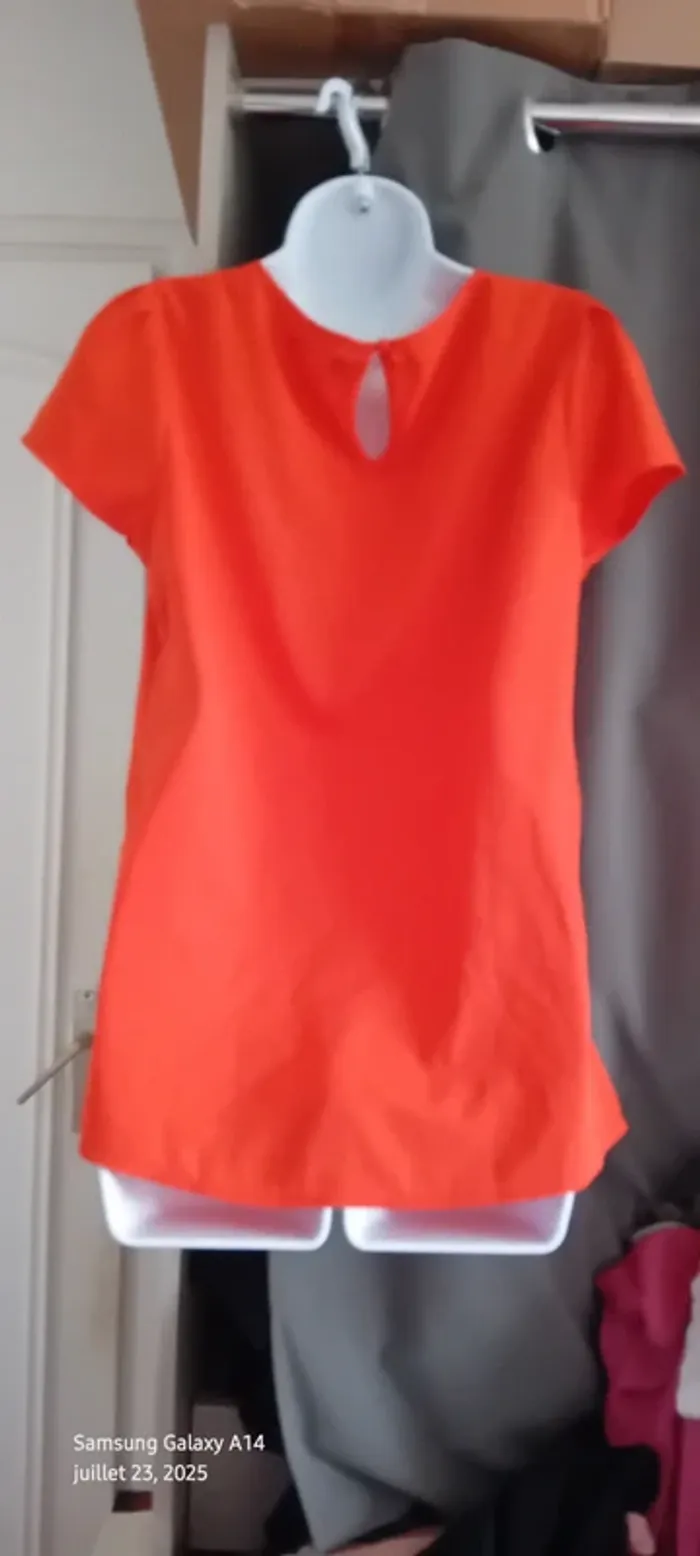 Blouse légère manches courtes col rond ouverture goutte d eau au dos orange femme L - photo numéro 10