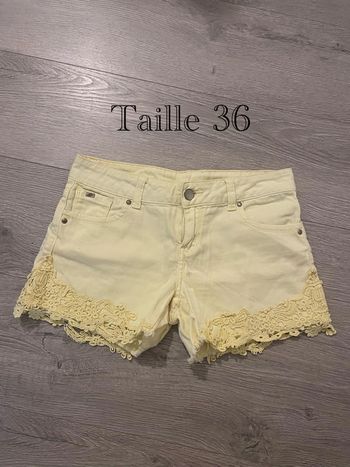 Short jaune pastel T36 – dentelle bohème, été, vacances
