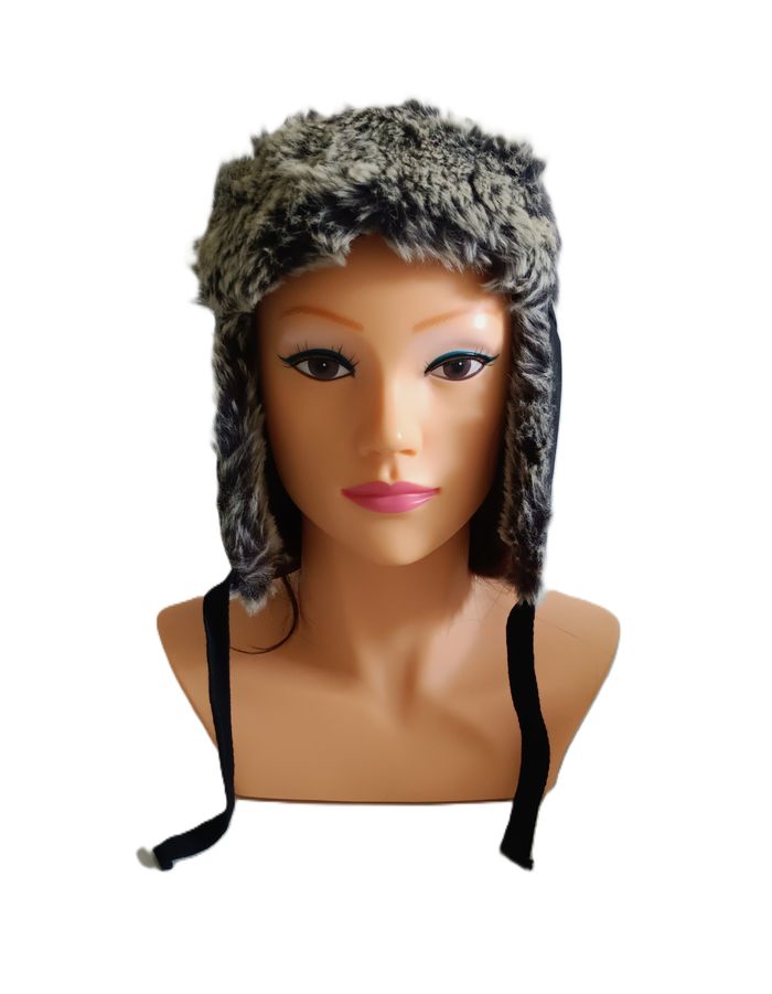 Bonnet cache oreilles. Chapka noir et beige. Fausse fourrure. Quechua. Taille S / M. 55 - 58 cm