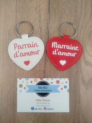 Lot de deux porte-clés coeur simili cuir marraine d'amour parrain d'amour