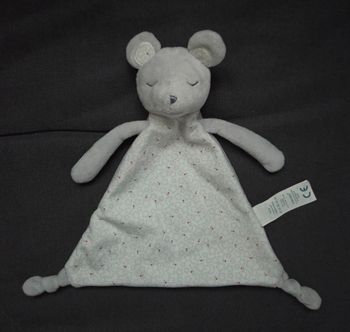 Doudou plat souris grise - Étoiles/ Lunes et pois rose - Obaibi
