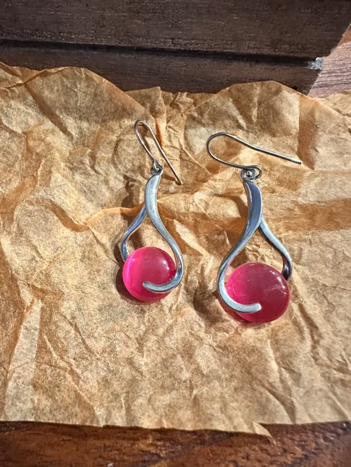 Boucle d’oreille rose et argenté boule - photo numéro 2