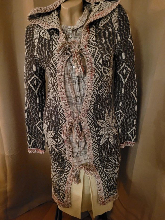 Veste gilet long à capuche en maille, marron et beige - photo numéro 3