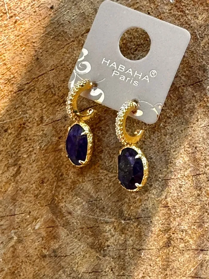 Boucles d’oreilles habaha paris petites créoles zircons et pierre lapis-lazuli habaha Paris - photo numéro 3