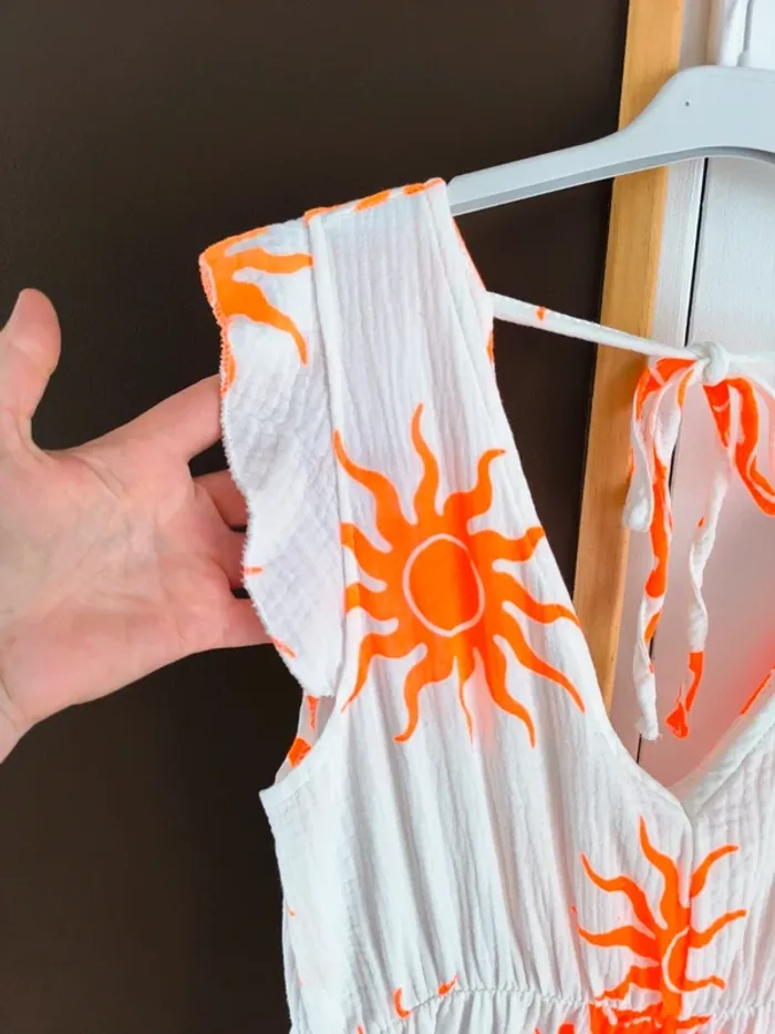 Robe longue été blanche et orange gaz de coton imprimé soleil TU 36 à 42 - photo numéro 3