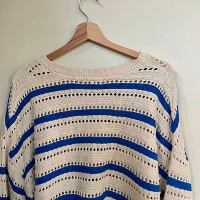 Pull ajouré coton rayé bleu blanc écru BZB taille L 100 % coton maille printemps été légère V060 - photo numéro 7