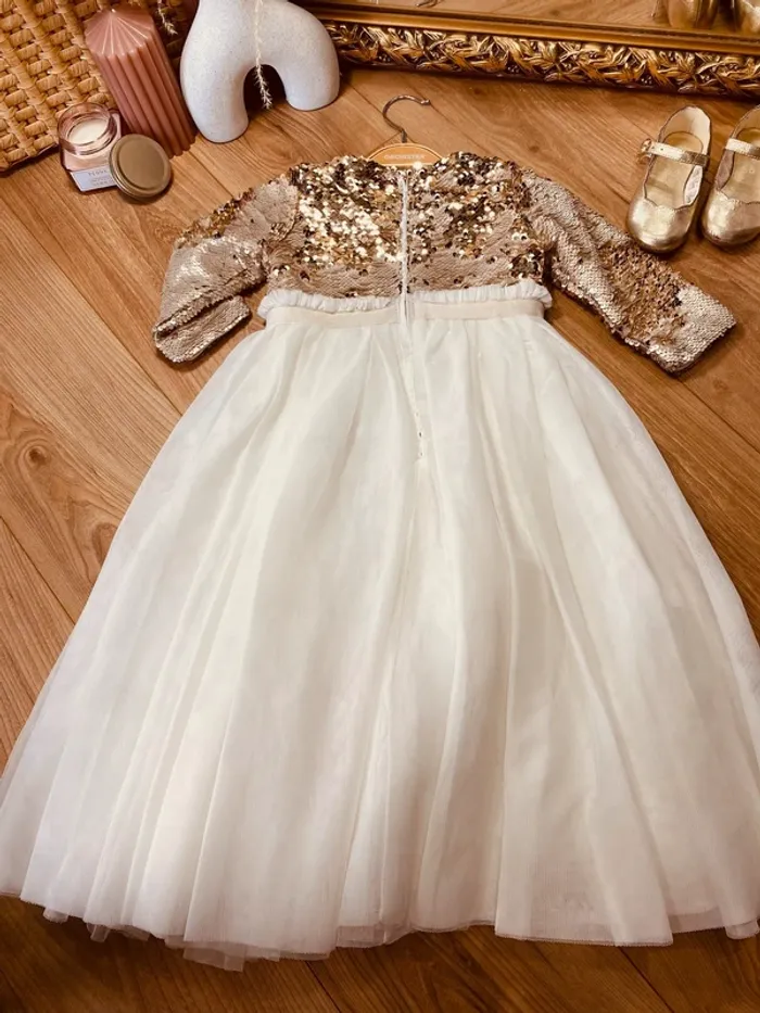 Taille 3-4 ans Robe longue créateur fille TAO blanche doré * tulle sequins réversibles * 🪷 - photo numéro 9