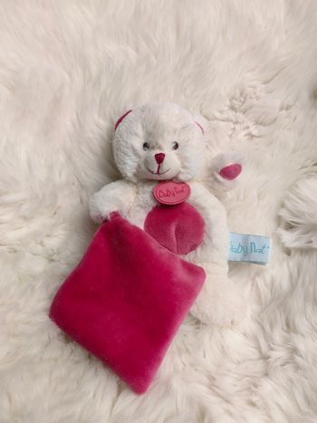 Doudou mouchoir peluche pantin ours ourson câlins Baby Nat BN071 Blanc Rose