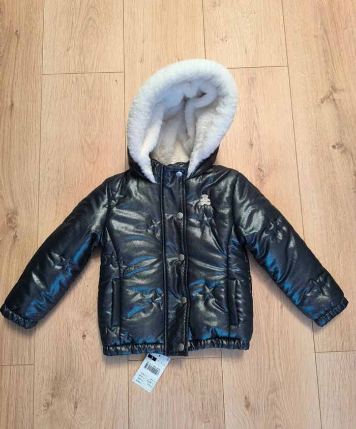 Parka / doudoune fille à capuche brillante bleu marine Lulu Castagnette neuve - Taille 3 ans
