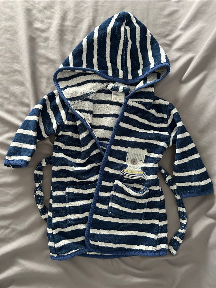 Peignoir de bain rayé bleu et blanc ourson brodé Vertbaudet 80cm