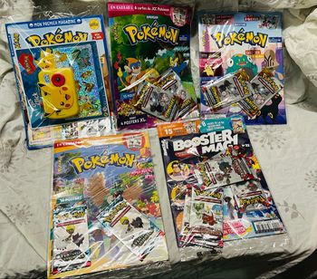 5 kits magazines + 12 boosters + 1 jeu + stickers Pokémon neufs scellés