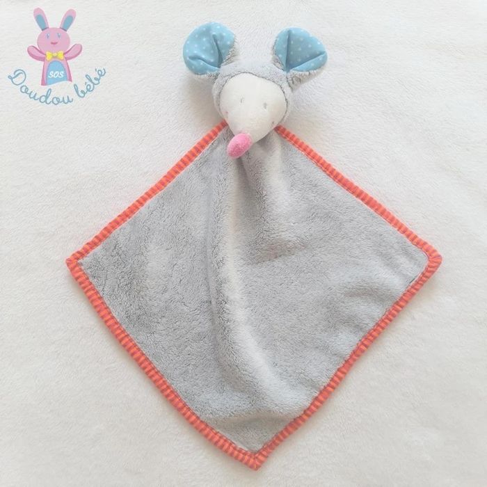 Doudou plat Souris grelot gris blanc bleu et rayé Action