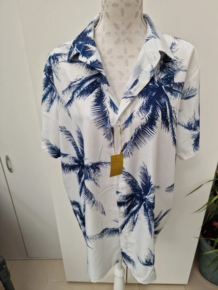 Chemise Blanche Imprimé Palmiers Bleu Marine Manches Courtes - photo numéro 3