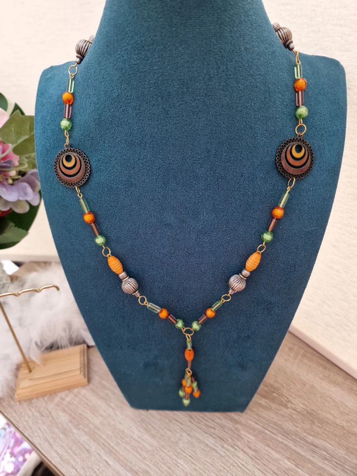 Collier Sautoir Doré Perles Orange Vert Marron