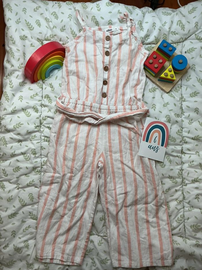 Combinaison pantalon large à bretelles crème et rose gemo 6 ans - photo numéro 2