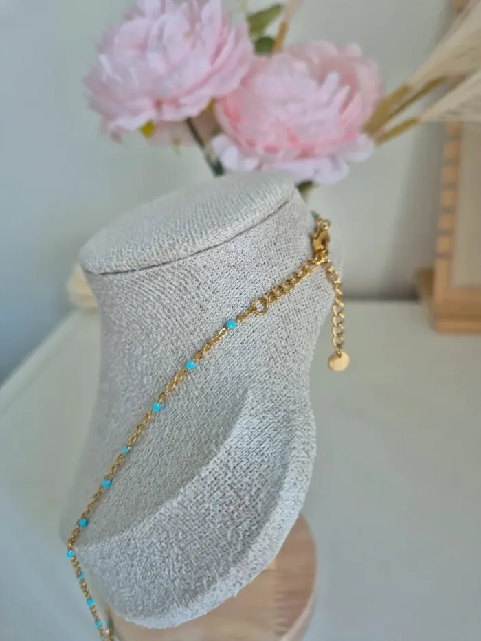 1 collier 50cm + 5 cm 🌸 en acier inoxydable perles résines bleu ciel - photo numéro 5