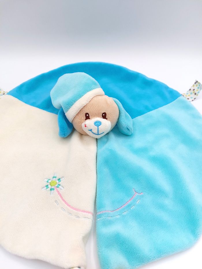 Doudou plat rond chien beige bleu écru GIPSY smile fleur étoile rouge pois - photo numéro 2