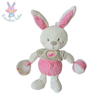 Doudou Lapin rose blanc balle anneau jouet éveil bébé Mots d'Enfants