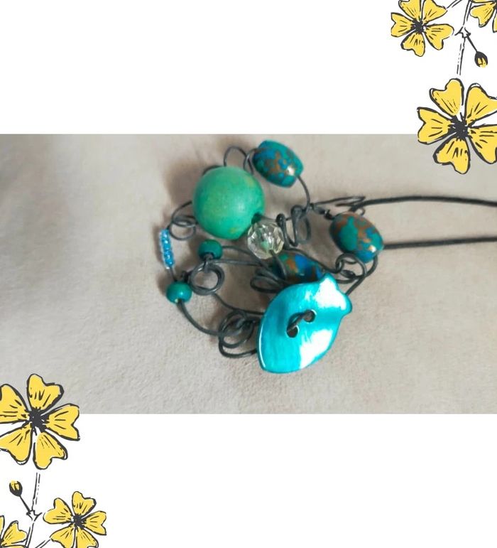 Collier fait main vintage – Fil noir & perles turquoise - Collection Brume Bleue - photo numéro 3
