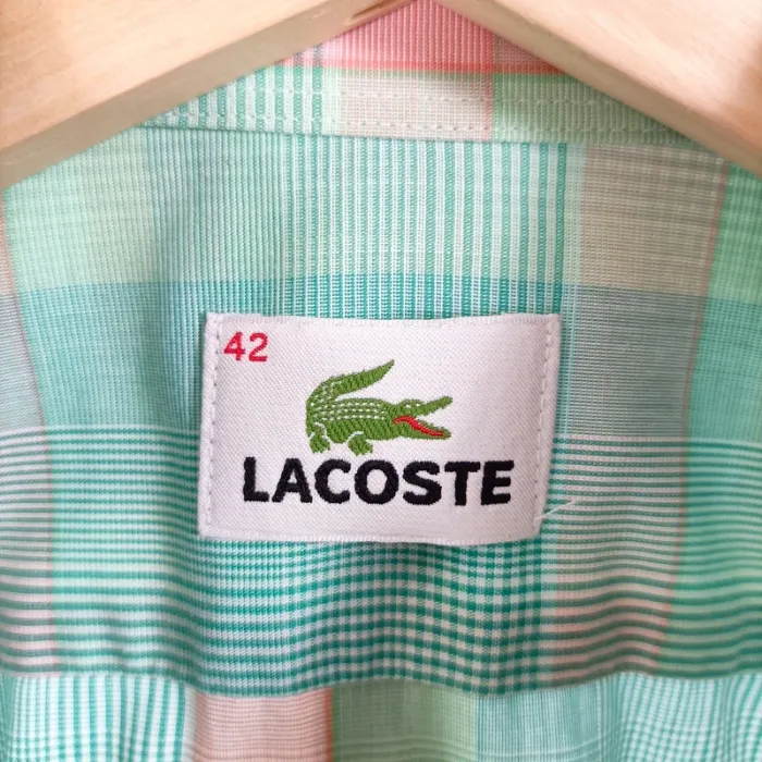 Chemise Lacoste vintage homme manches courtes carreaux verts et roses taille 42 vintage A1492 - photo numéro 6