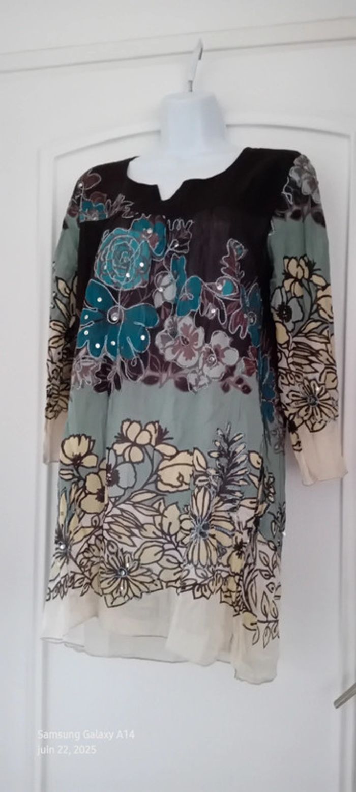 Robe tunique estivale semitransparente motif floral avec sequins multicolore femme XL - photo numéro 3