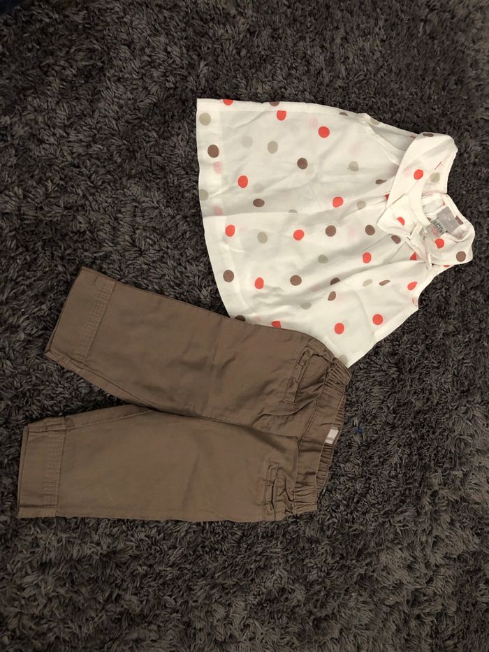 Ensemble cyrillus pantalon kaki + blouse assortie 12 mois  blanche Tbe