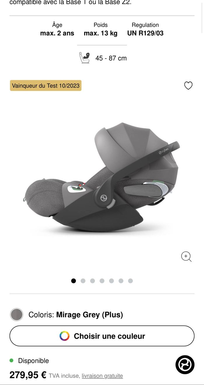Cosy cybex cloud T neuf et siège réhausseur neuf - photo numéro 3