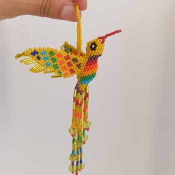Porte Clés Colibri Jaune En Perles Fait a la Main