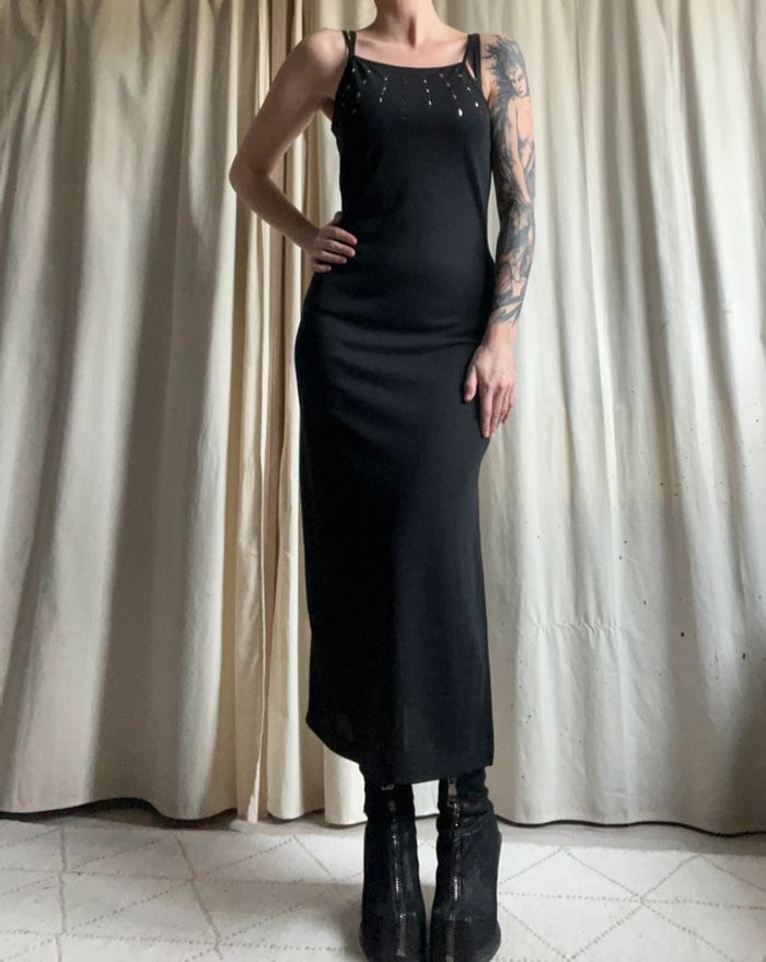 Robe longue fendue dos nu strass vintage Coquette Goth 90s - Taille S